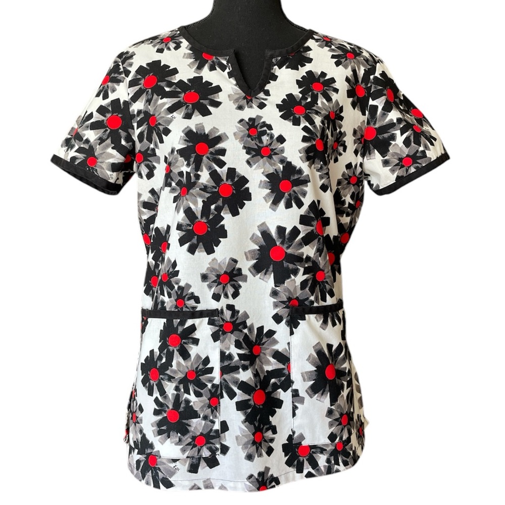 Koi Black, White and Red Floral Uniform Scrub Top